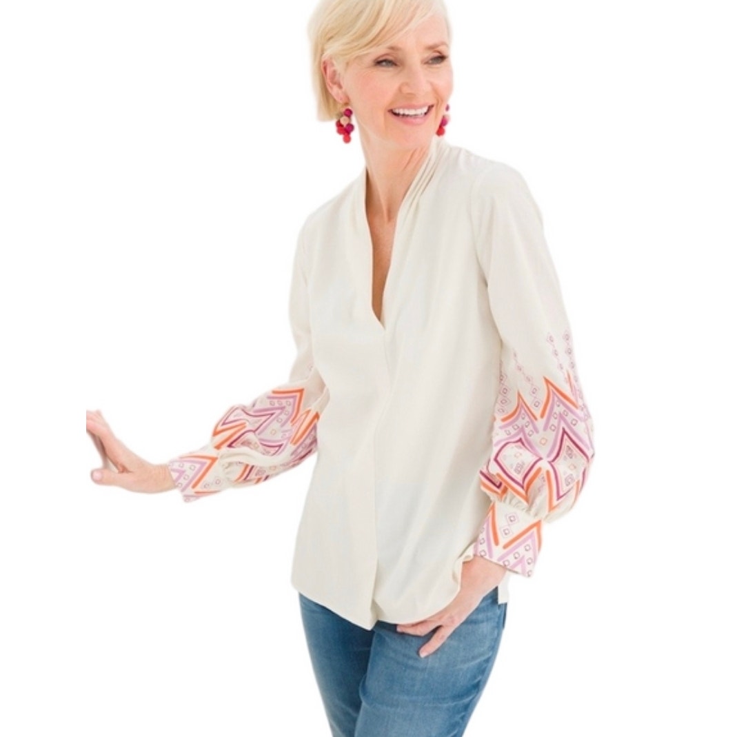 New Chicos Embroidered Balloon Sleeve Top Xl 16-18 Sz 3 Boho Oversized Cream Nwt